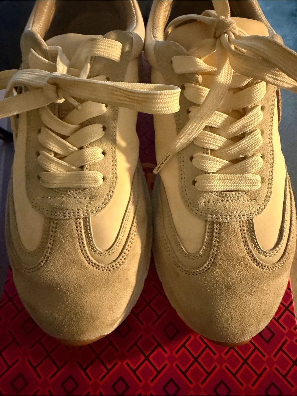 Tory Burch Cream and Tan Suede-Accent Lace-Up Sneakers